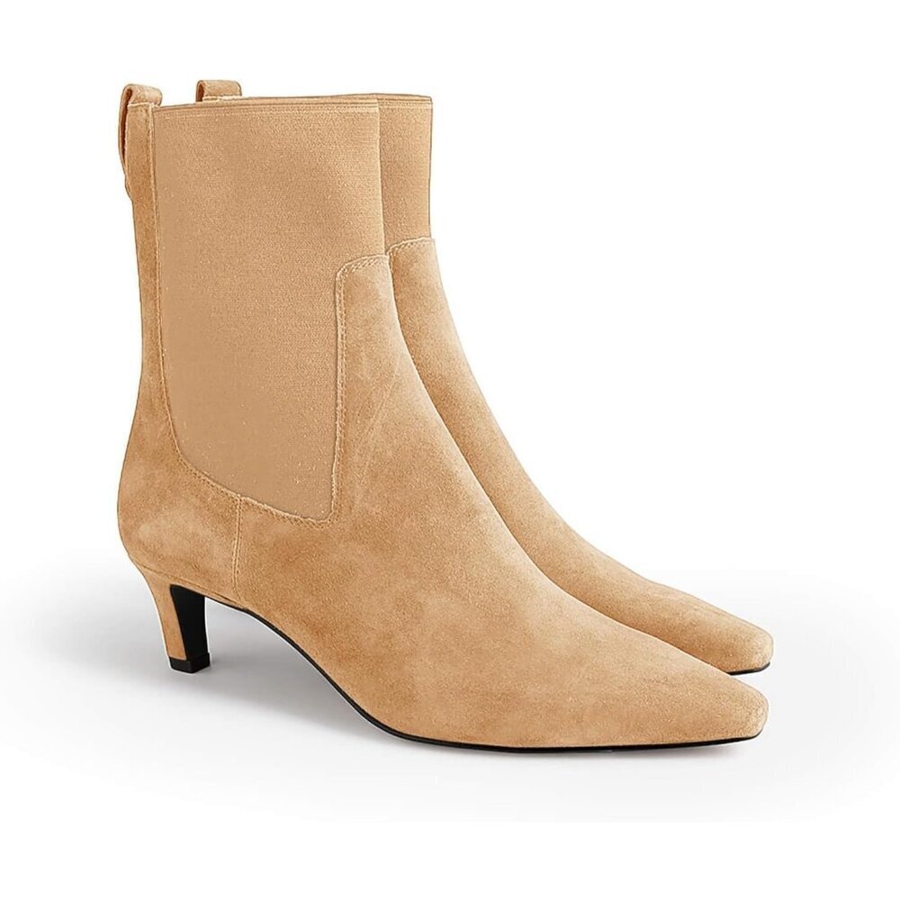 Women's Khaki Ankle Low Kitten Heel Pointed Toe Slip On Dressy Winter Boots - Picture 1 of 6